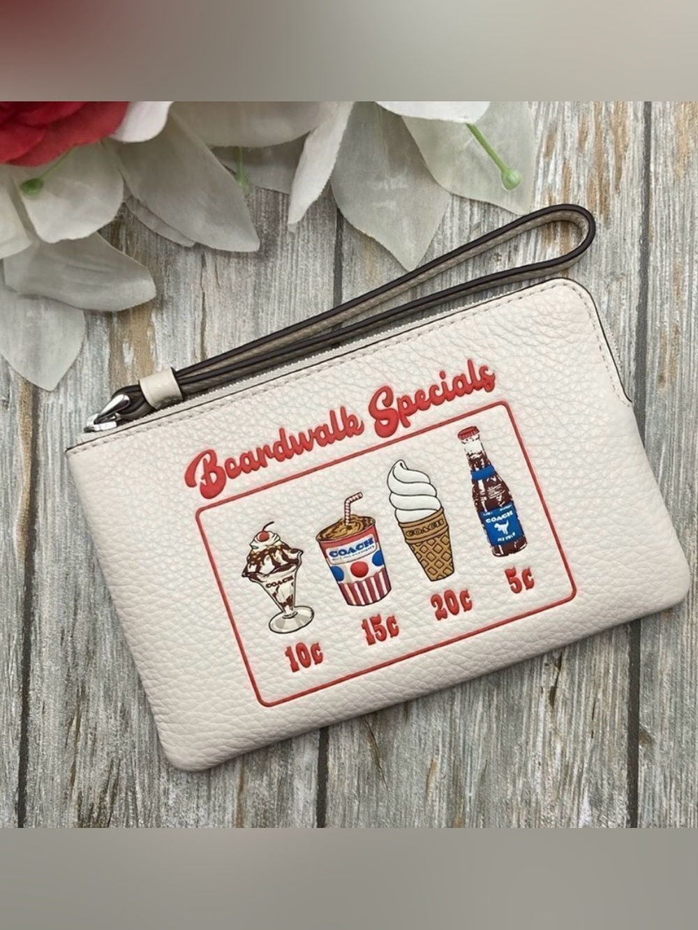Coach Cream Boardwalk Specials Snack Print Wristlet (Like New Condition)